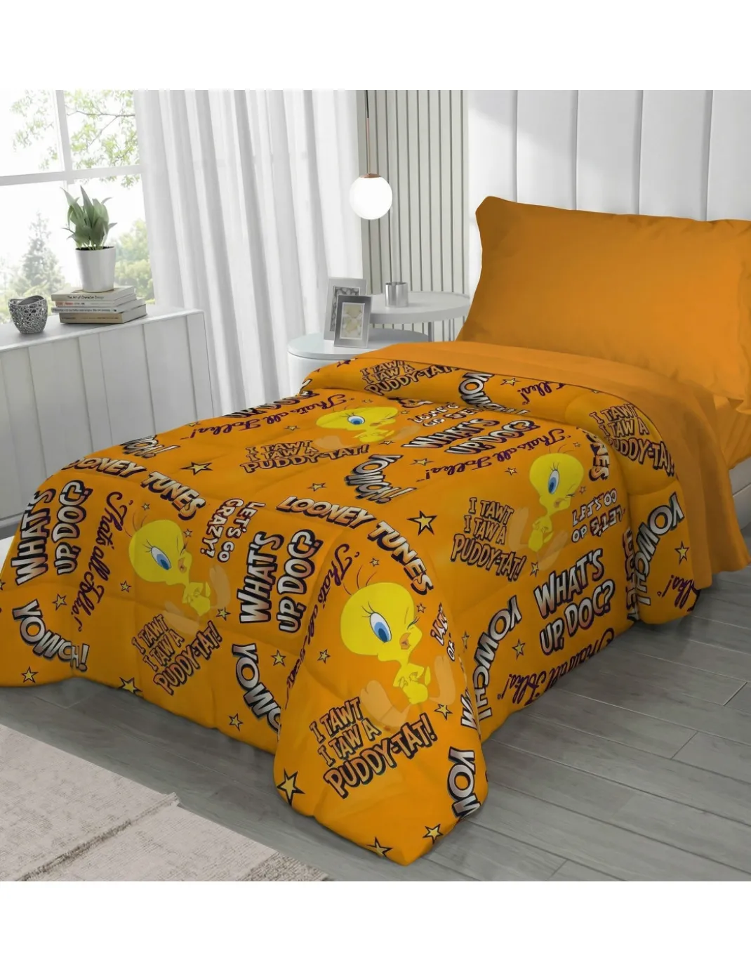 Copriletto Singolo Bambini 170x250 Titti Arancione Looney Tunes – Trapuntino Leggero 80 g/m² in Microfibra, Made in Italy