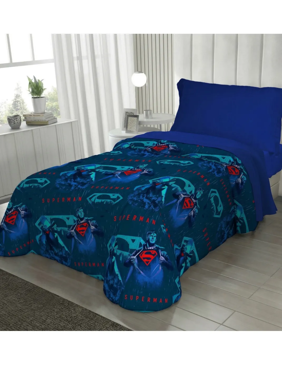 Copriletto Singolo Bambini 170x250 Superman DC Comics Blu “Dark Side” – Trapuntino Leggero 80 g/m², Made in Italy