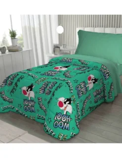 Copriletto Singolo Bambini 170x250 Gatto Silvestro Verde Looney Tunes – Trapuntino Leggero 80 g/m², Made in Italy