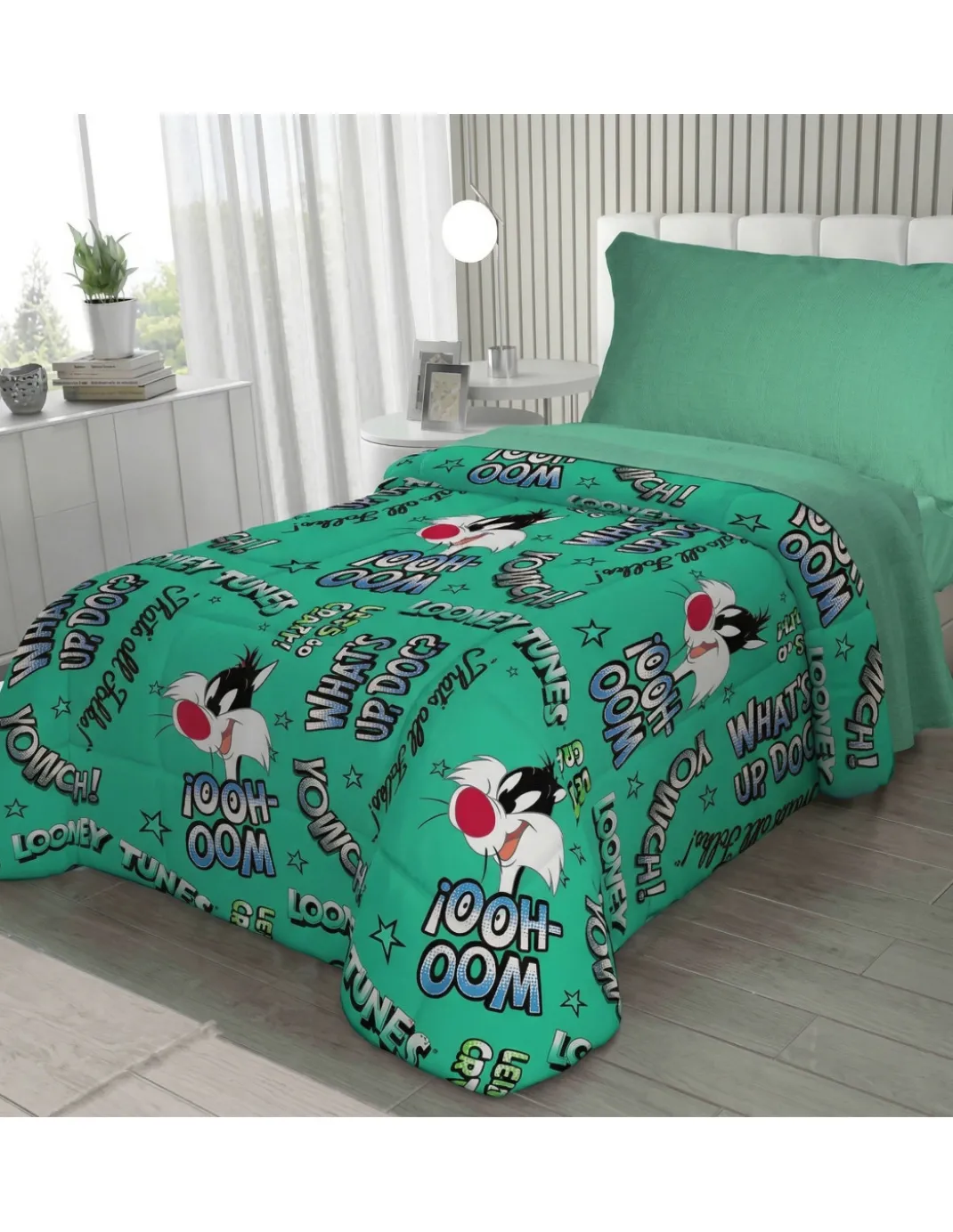 Copriletto Singolo Bambini 170x250 Gatto Silvestro Verde Looney Tunes – Trapuntino Leggero 80 g/m², Made in Italy