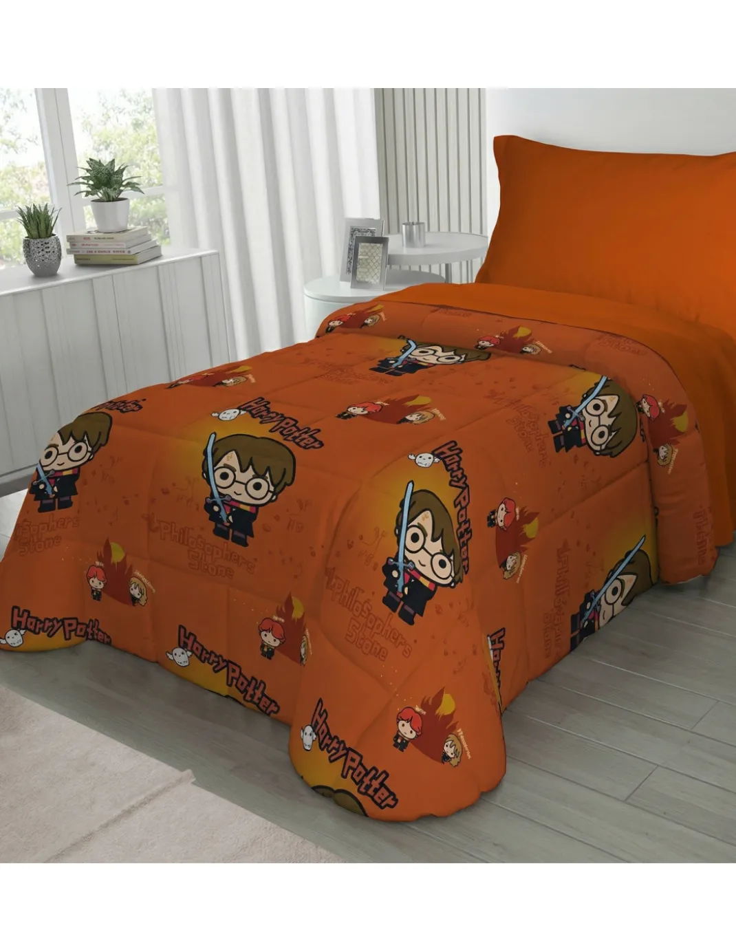Copriletto Singolo Bambini 170x250 Harry Potter Arancione – Trapuntino Leggero 80 g/m² in Microfibra, Made in Italy