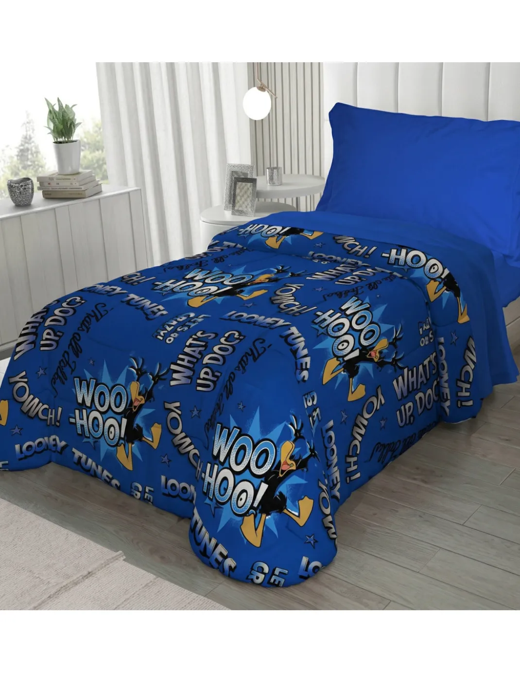 Copriletto Singolo Bambini 170x250 Daffy Duck Blu – Trapuntino Leggero 80 g/m² in Microfibra, Made in Italy