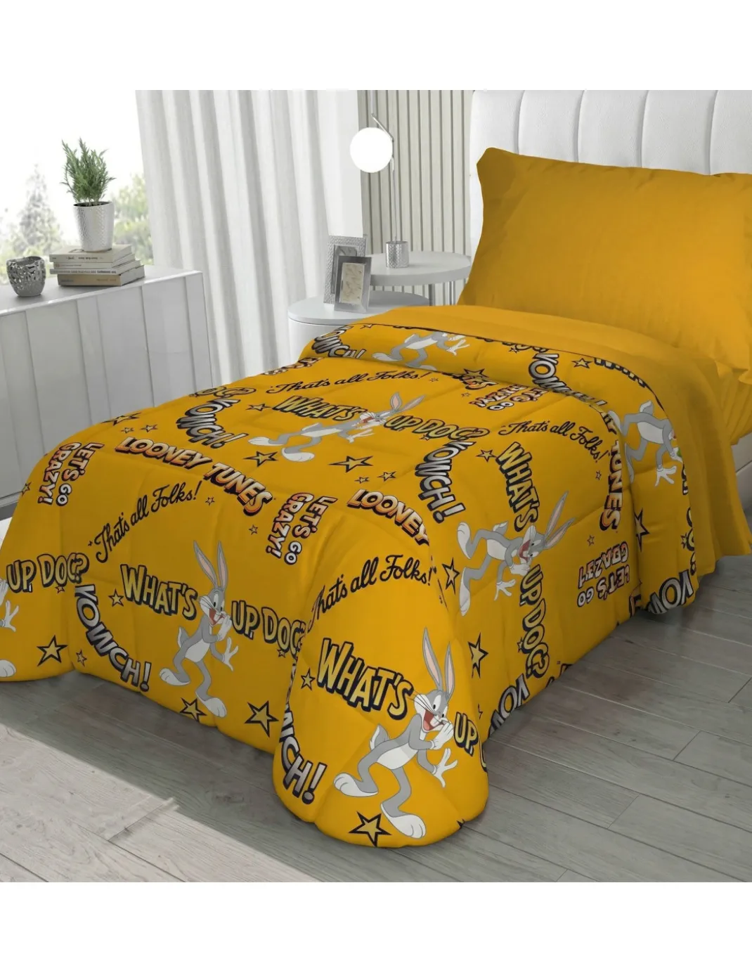 Copriletto Singolo Bambini 170x250 Bugs Bunny Giallo – Trapuntino Leggero 80 g/m² in Microfibra, Made in Italy