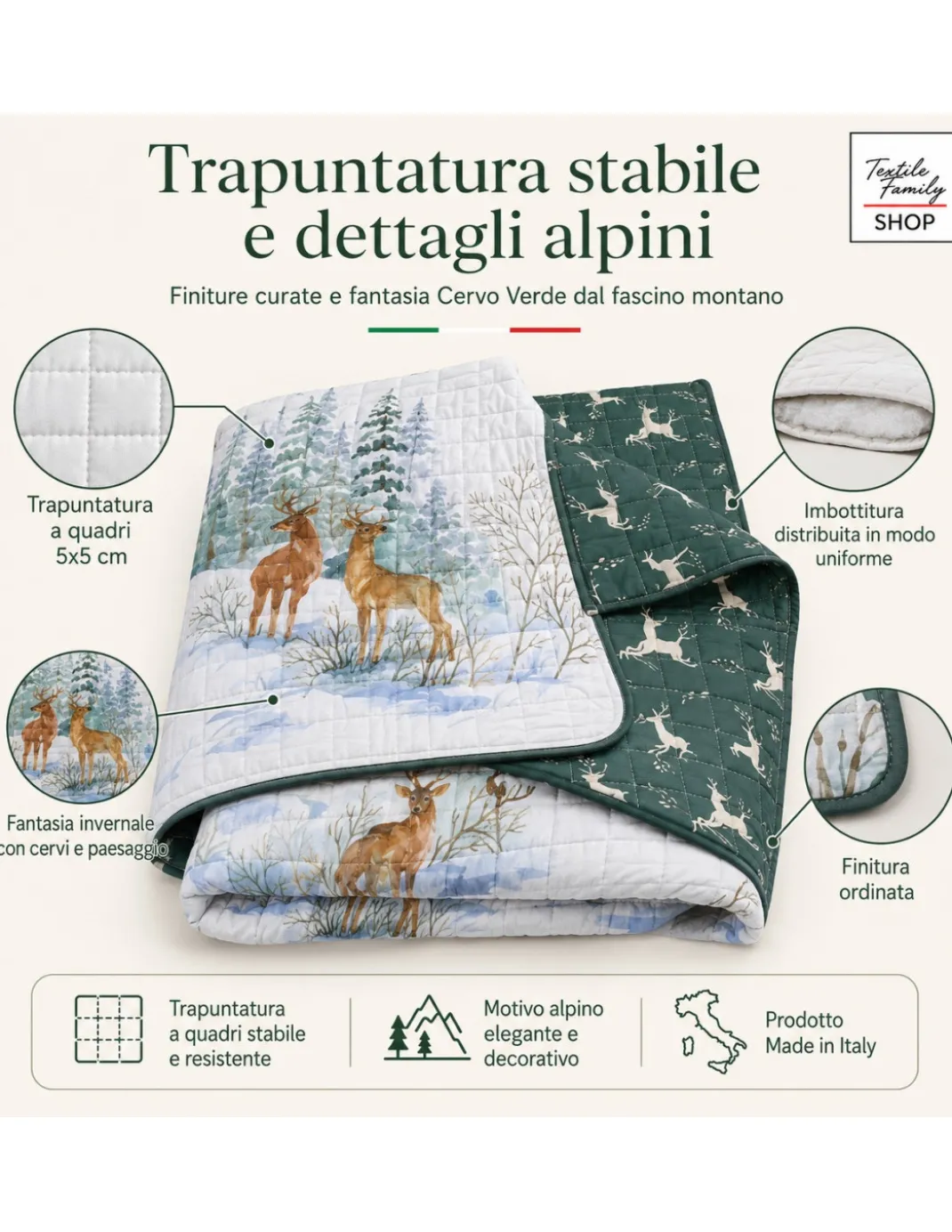 Copriletto Trapuntato Cervo Verde in Microfibra Mezza Stagione OEKO-TEX 260x260 cm