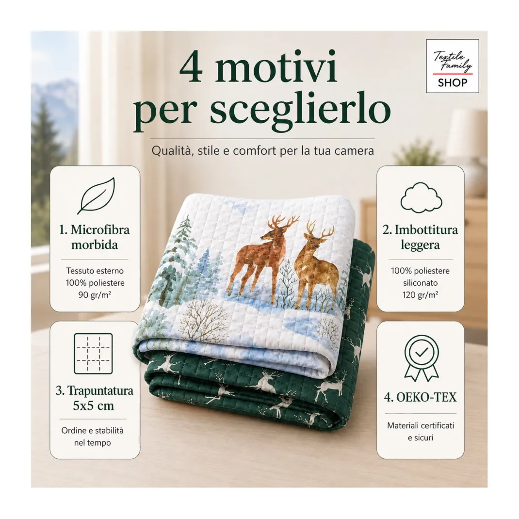 Copriletto Trapuntato Cervo Verde in Microfibra Mezza Stagione OEKO-TEX 260x260 cm