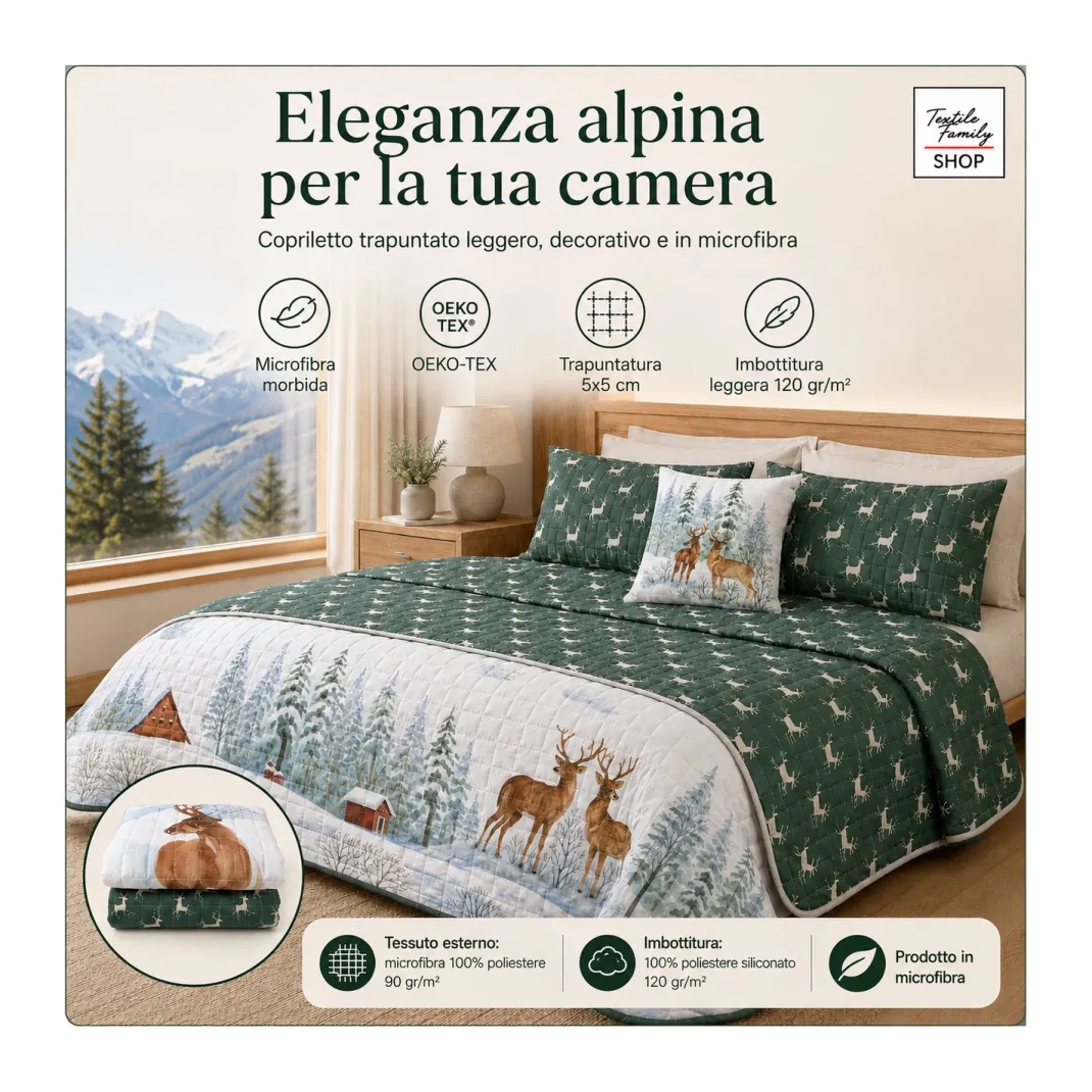 Copriletto Trapuntato Cervo Verde in Microfibra Mezza Stagione OEKO-TEX 260x260 cm