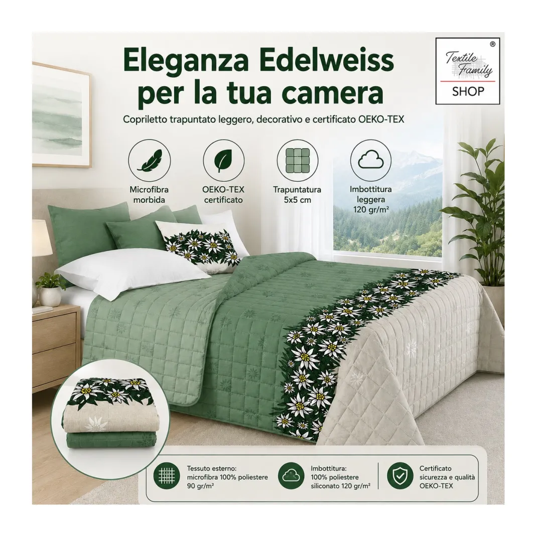 Copriletto Trapuntato Edelweiss Verde in Microfibra Mezza Stagione OEKO-TEX 260x260 cm