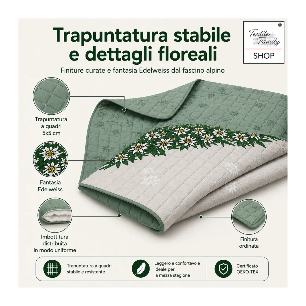 Copriletto Trapuntato Edelweiss Verde in Microfibra Mezza Stagione OEKO-TEX 260x260 cm