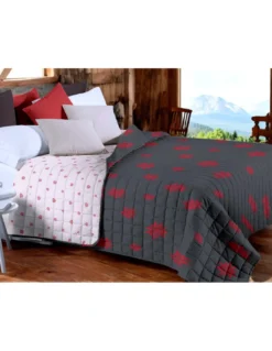 Copriletto Trapuntato "Edelweiss" Grigio - Microfibra Morbida con Motivo Rosso, Imbottitura Leggera, Made in Italy