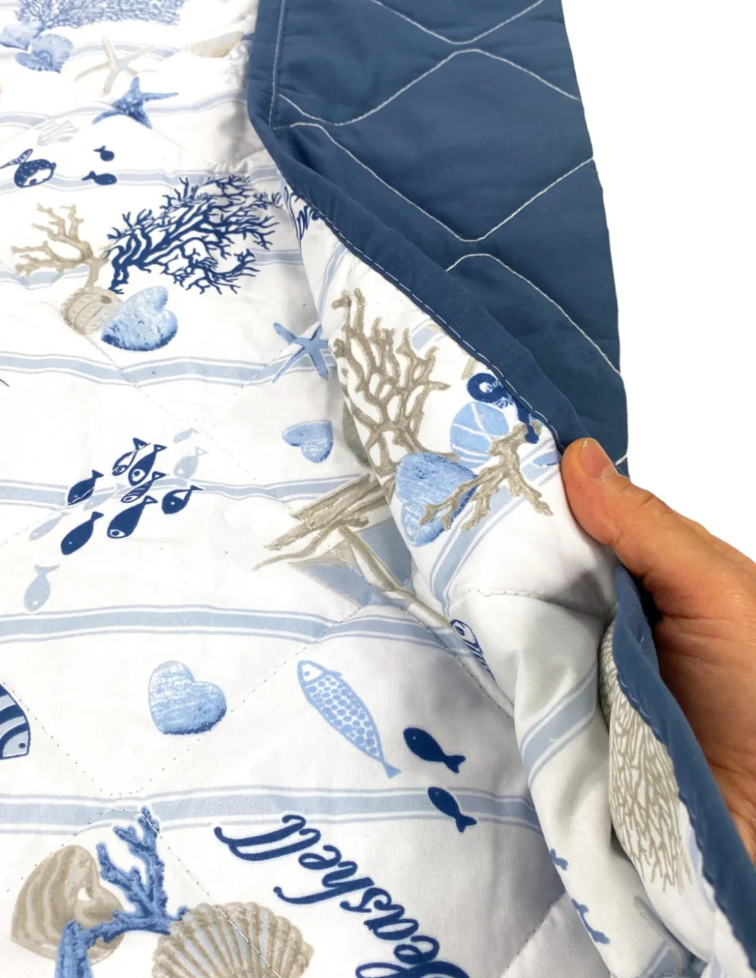 COPRILETTO Trapuntato FIOCCO MARE Coralli e Conchiglie con fondo a Righe Made in Italy
