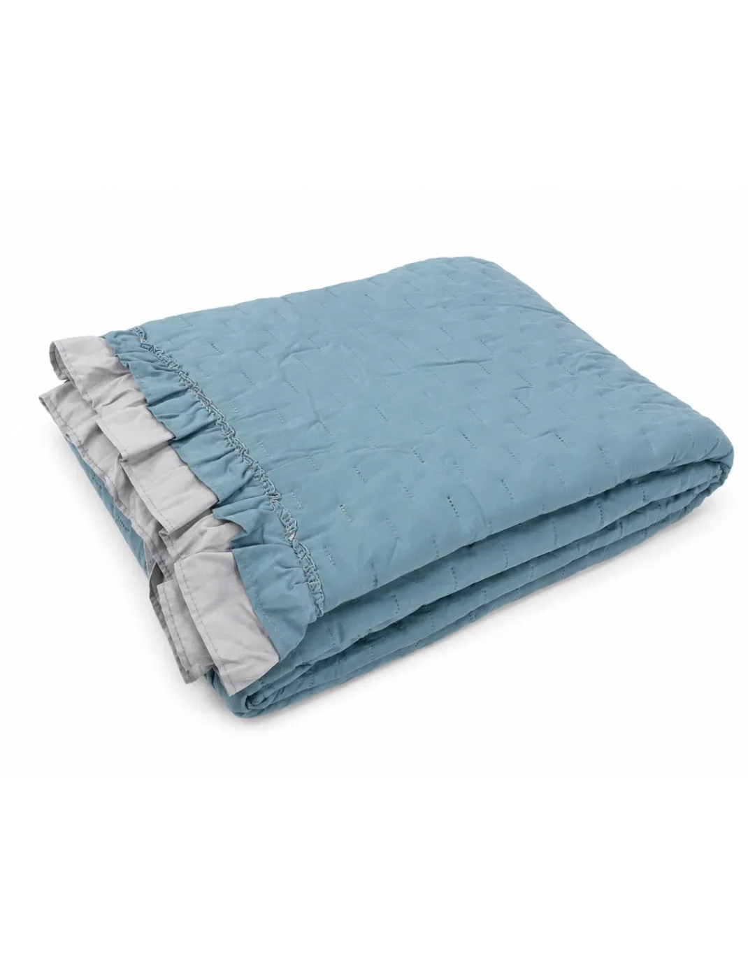 Copriletto Trapuntato Matrimoniale con Volant Azzurro Polvere/Grigio in Microfibra 250x250 cm