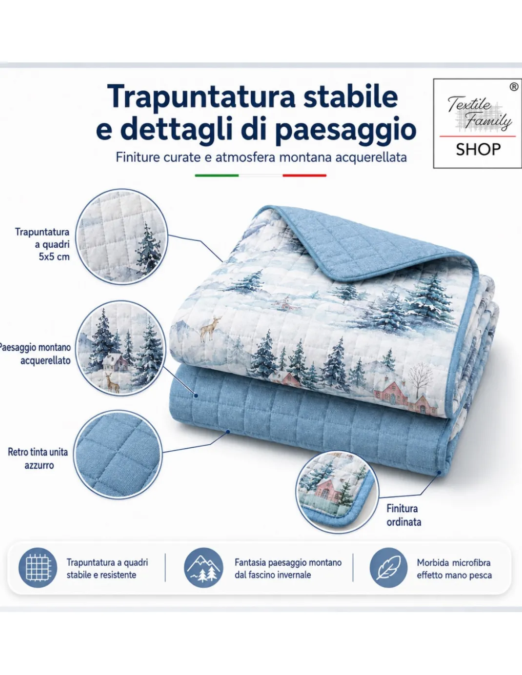 Copriletto Trapuntato Paesaggio Montano Azzurro in Microfibra Mezza Stagione OEKO-TEX Made in Italy 260x260