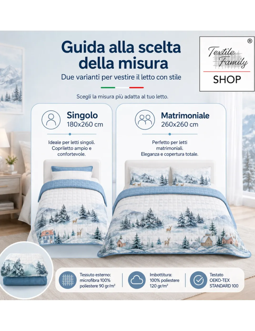 Copriletto Trapuntato Paesaggio Montano Azzurro in Microfibra Mezza Stagione OEKO-TEX Made in Italy 260x260