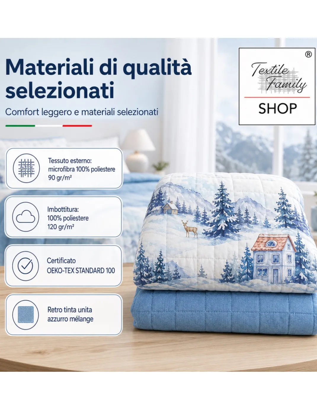 Copriletto Trapuntato Paesaggio Montano Azzurro in Microfibra Mezza Stagione OEKO-TEX Made in Italy 260x260