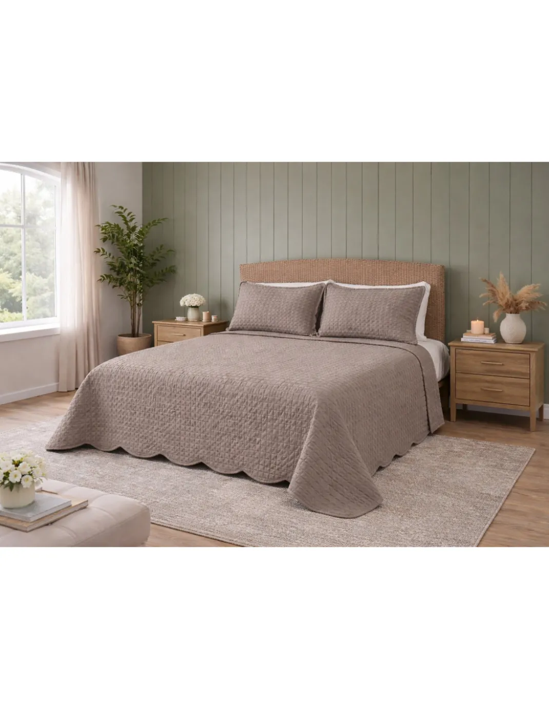 Copriletto Trapuntato Venezia Matrimoniale 250x250 Tortora, Microfibra Manopesca, Trapuntatura Quadretti, 100 g/m², Bordo a Onde
