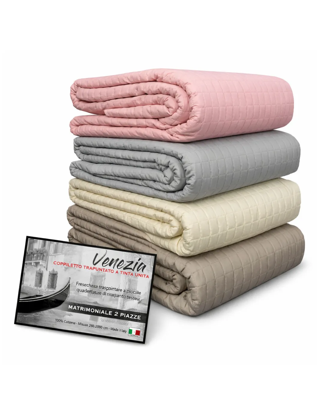Copriletto Trapuntato Venezia Matrimoniale 250x250 Tortora, Microfibra Manopesca, Trapuntatura Quadretti, 100 g/m², Bordo a Onde