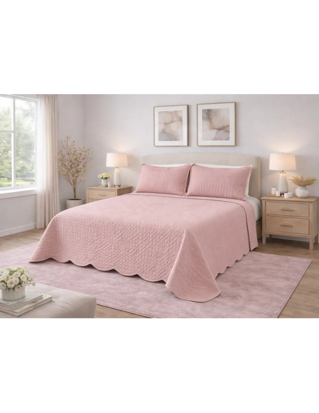 Copriletto Trapuntato Venezia Matrimoniale 250x250 Rosa – Microfibra Manopesca, Trapuntatura Quadretti, 100 g/m², Bordo a Onde