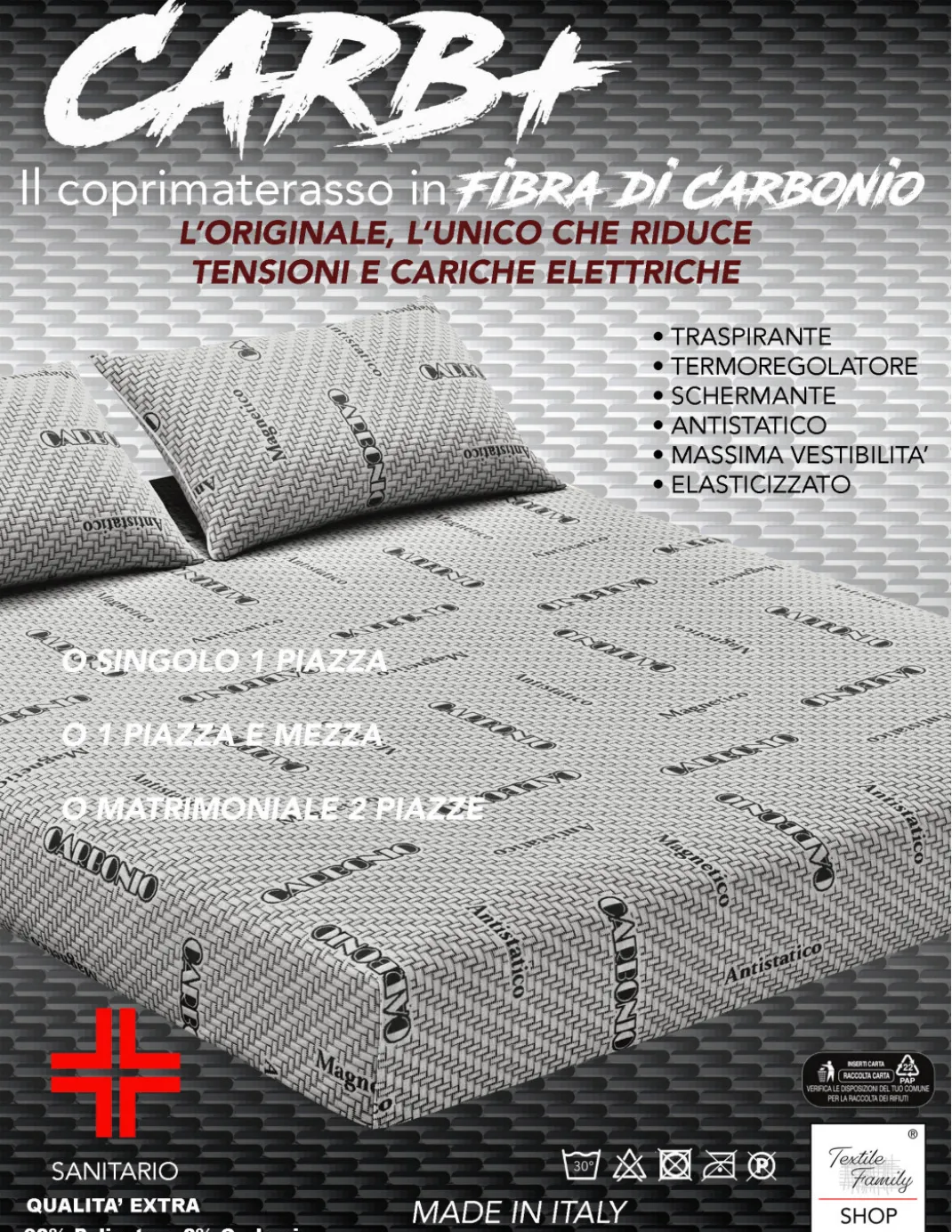 Coprimaterasso CARB PLUS in fibra di CARBONIO Antistatico