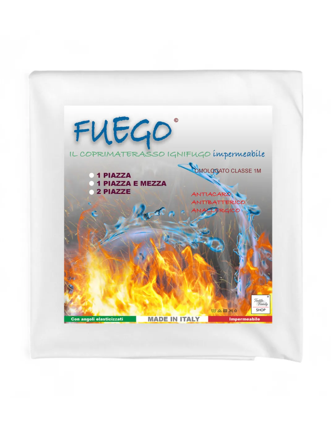 Coprimaterasso Impermeabile "FUEGO" Antiacaro Ignifugo Classe 1, Elastico, Linea Alberghiera, Made in Italy