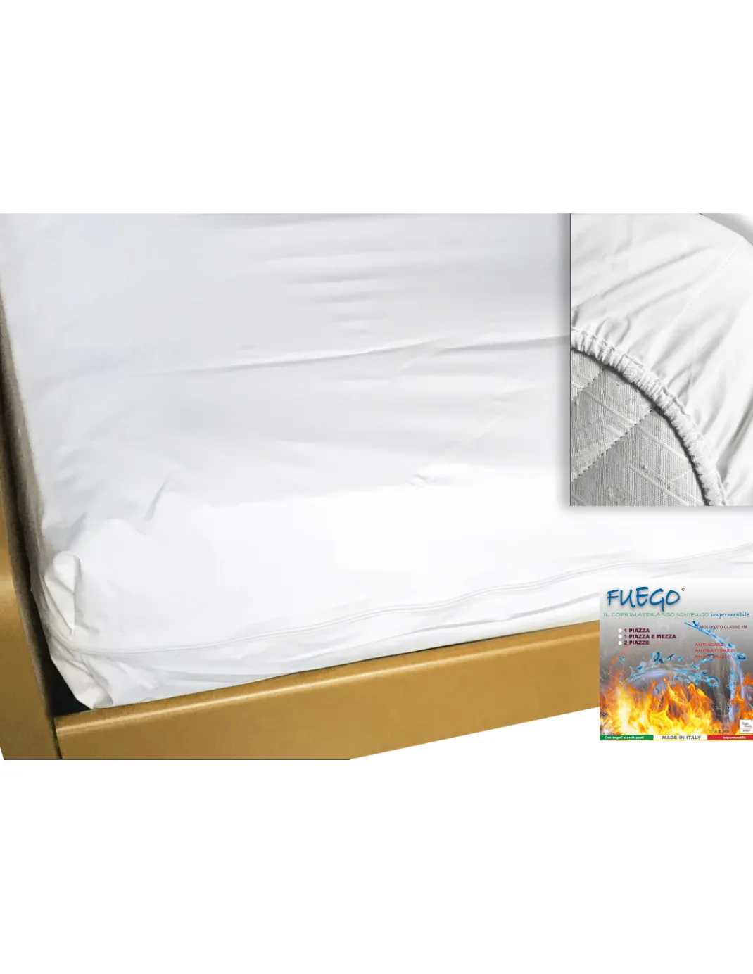 Coprimaterasso Impermeabile "FUEGO" Antiacaro Ignifugo Classe 1, Elastico, Linea Alberghiera, Made in Italy