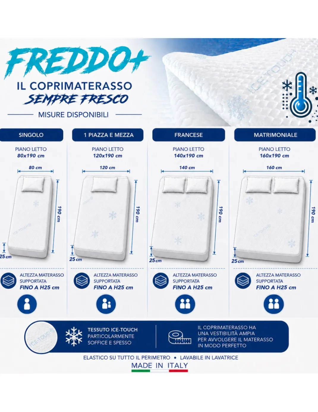 Coprimaterasso Rinfrescante Freddo+ Ice-Touch, Estivo, Termoregolatore, Traspirante, Anti-Umidità, Morbido, Elasticizzato