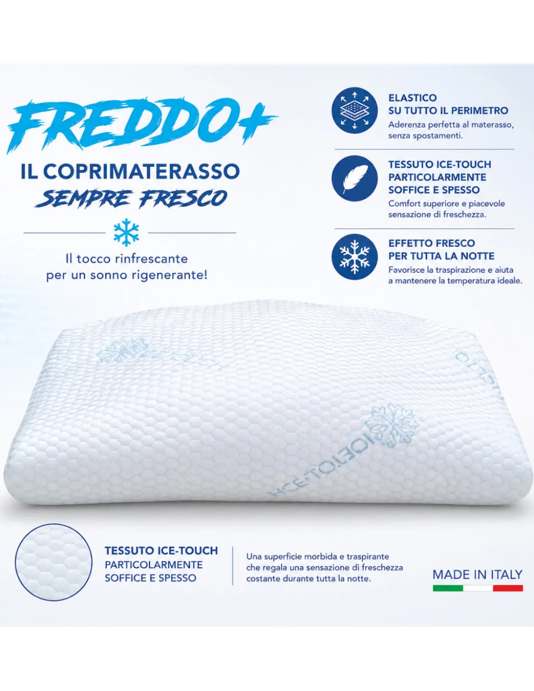Coprimaterasso Rinfrescante Freddo+ Ice-Touch, Estivo, Termoregolatore, Traspirante, Anti-Umidità, Morbido, Elasticizzato