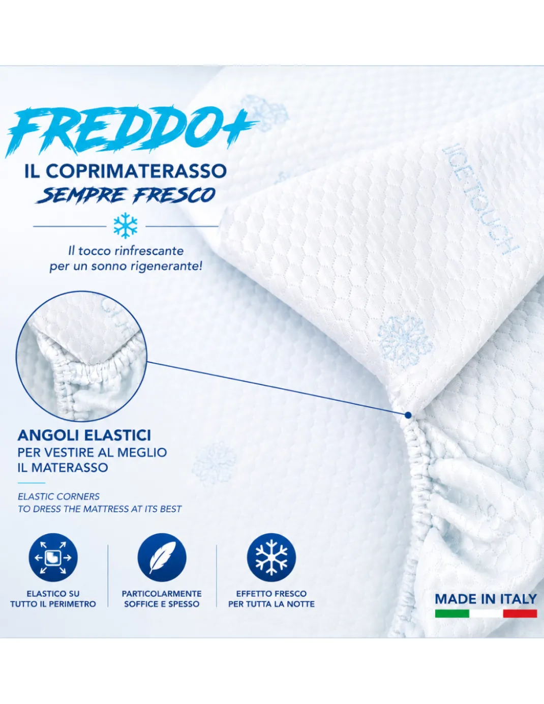Coprimaterasso Rinfrescante Freddo+ Ice-Touch, Estivo, Termoregolatore, Traspirante, Anti-Umidità, Morbido, Elasticizzato