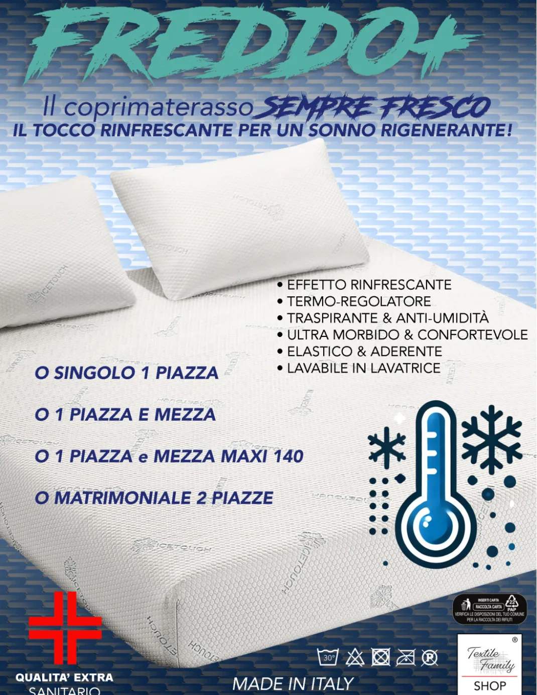 Coprimaterasso Rinfrescante Freddo+ Ice-Touch, Estivo, Termoregolatore, Traspirante, Anti-Umidità, Morbido, Elasticizzato