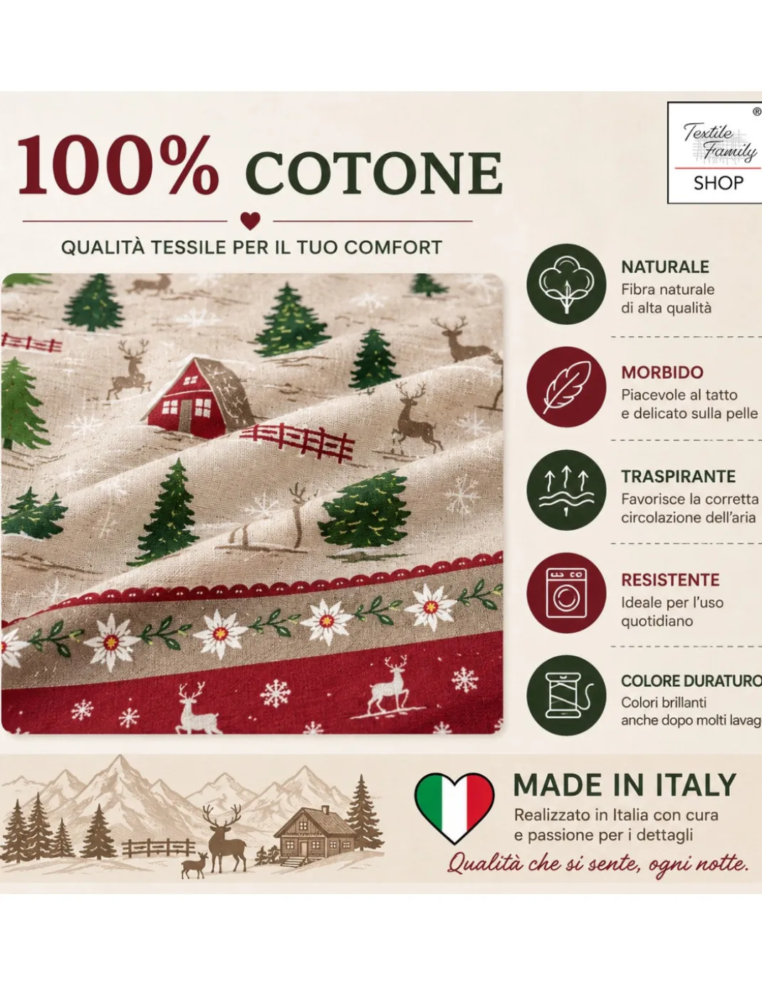 Copripiumino Baita e Pini Tirolese in Cotone 100%, Montagna, Patella 40 cm, Made in Italy