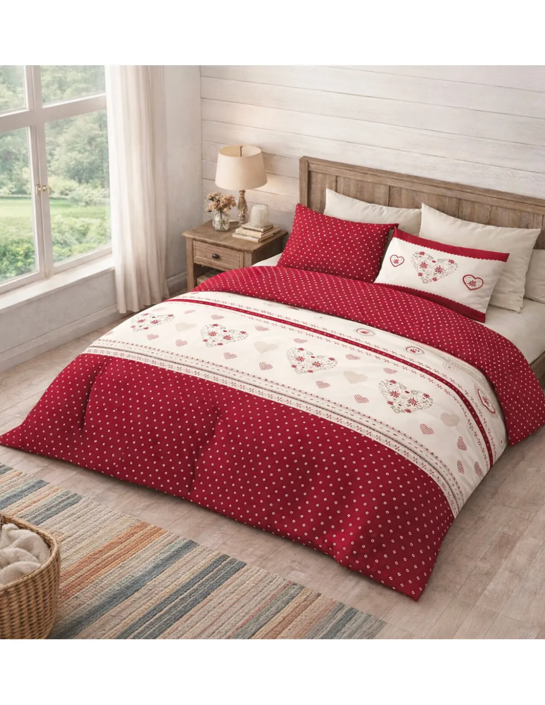 Copripiumino Cuore Stella Alpina Rosso 100% Cotone - Set Letto Invernale con Federe, Bottoni e Patella 40 cm