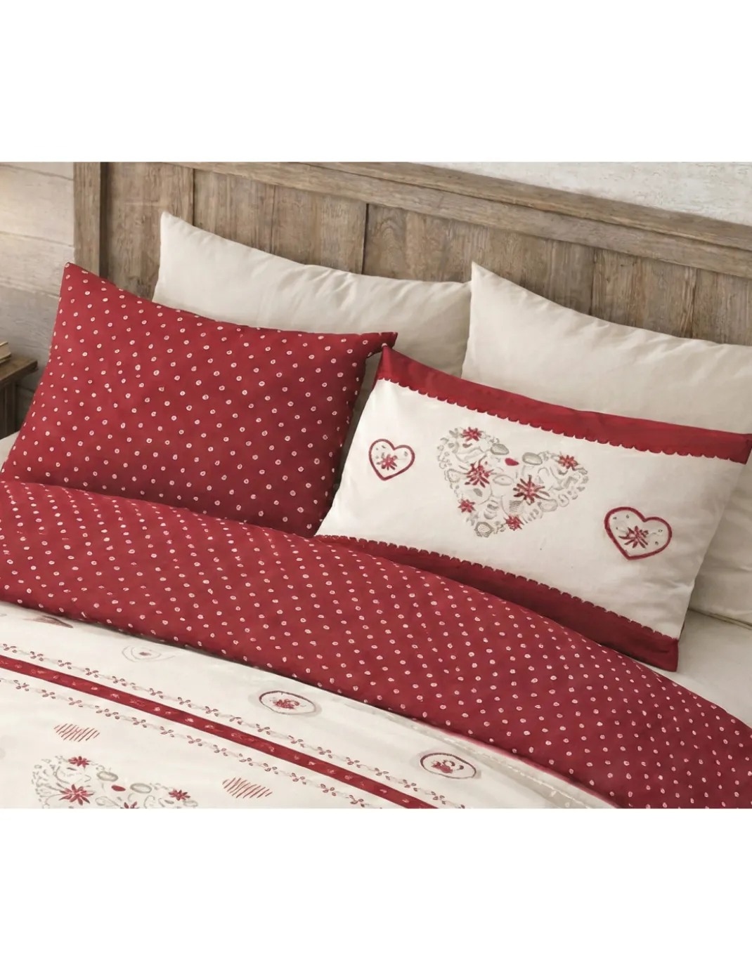 Copripiumino Cuore Stella Alpina Rosso 100% Cotone - Set Letto Invernale con Federe, Bottoni e Patella 40 cm