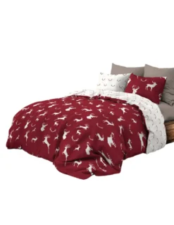 Copripiumino Double Face Cotone con Cervi Bianchi su Sfondo Bordeaux | Matrimoniale 255x200 cm | Stile Rustico Contemporaneo
