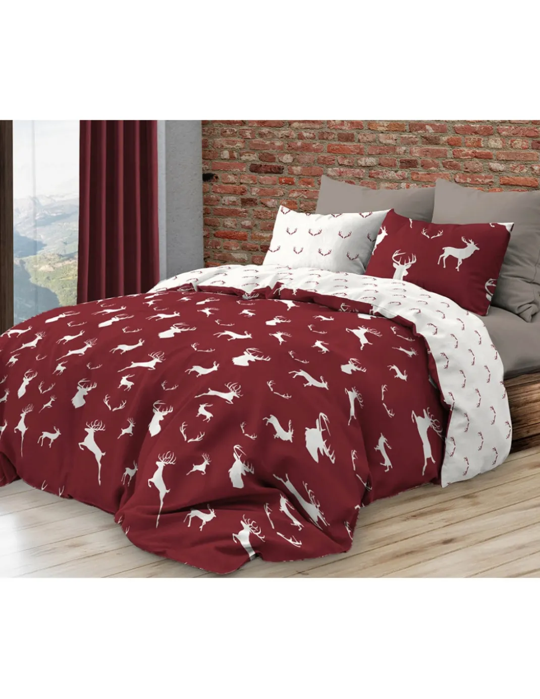 Copripiumino Double Face Cotone con Cervi Bianchi su Sfondo Bordeaux | Matrimoniale 255x200 cm | Stile Rustico Contemporaneo