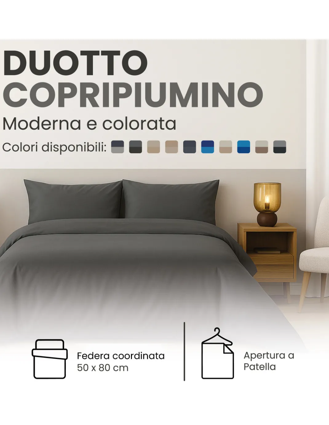 Copripiumino Duotto 4 Stagioni Antracite e Nero - Microfibra Morbida e Traspirante, Oeko-Tex, Facile Manutenzione, Made in Italy