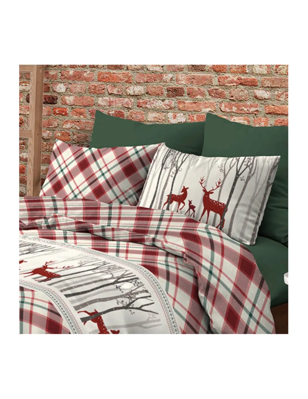 Copripiumino Fantasia Scozzese Cervo Rosso in Cotone Double Face | Matrimoniale 255x200 cm con 2 Federe | Lavabile