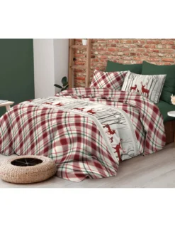 Copripiumino Fantasia Scozzese Cervo Rosso in Cotone Double Face | Matrimoniale 255x200 cm con 2 Federe | Lavabile