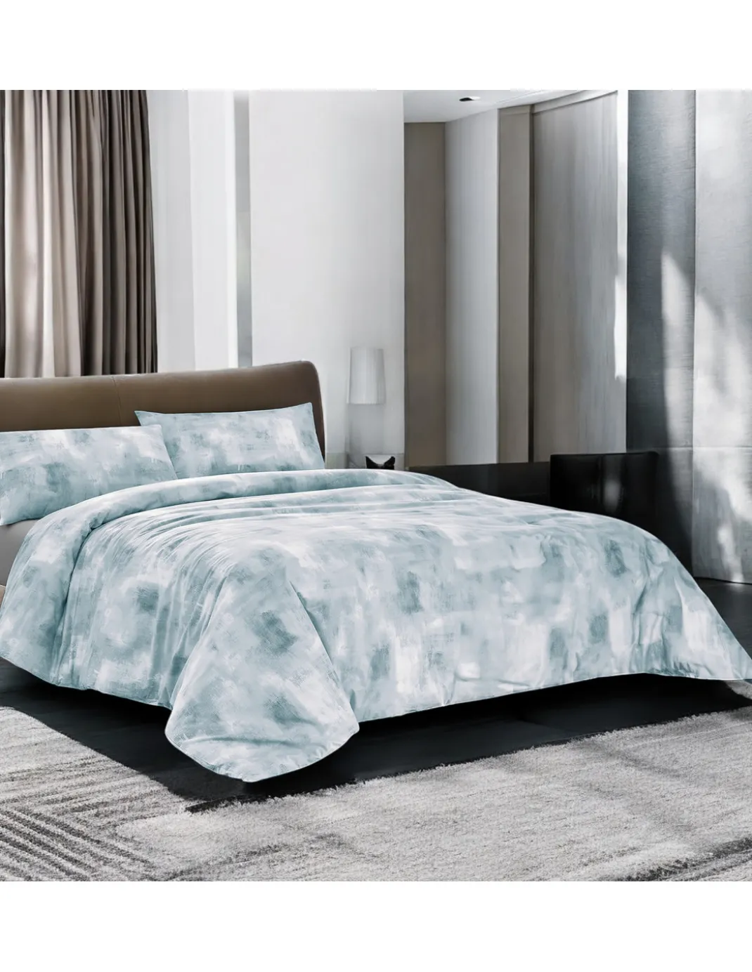 Copripiumino in Cotone Tempo di Dormire Azzurro, Made in Italy, Design Astratto, Patella Antiscivolo, Lavabile in Lavatrice