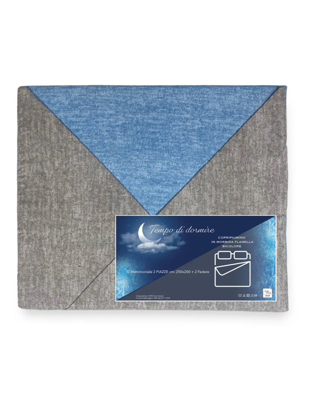 COPRIPIUMINO in flanella FLANELLATO BICOLORE Grigio e Blu in Puro Cotone