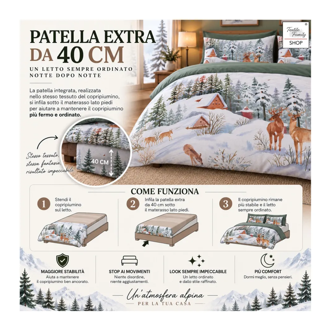 Copripiumino Matrimoniale Cervo Verde 100% Cotone Stampa Digitale con Patella