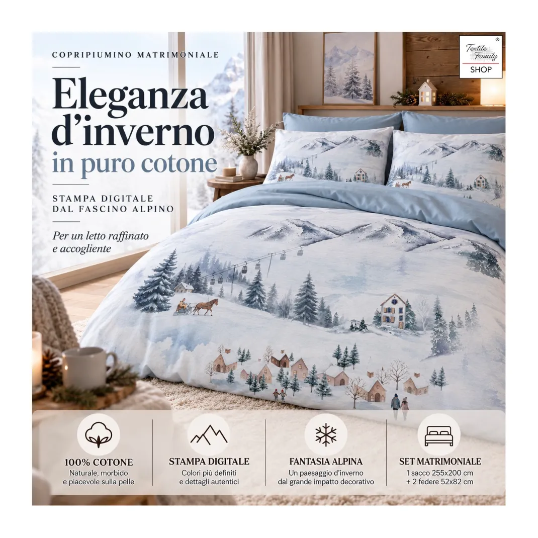 Copripiumino Matrimoniale Paesaggio Azzurro 100% Cotone Stampa Digitale Montagna Invernale