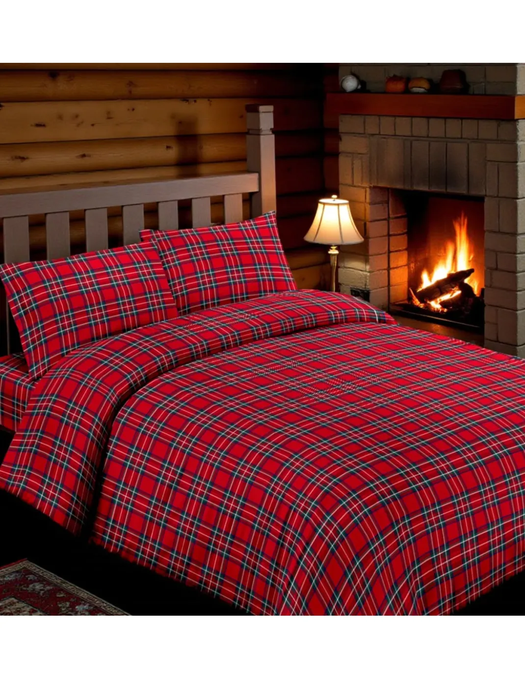 Copripiumino Matrimoniale 250x200 Tartan Rosso con 2 Federe- Flanella Cotone 100% con Patella Extra 40 cm - Made in Italy