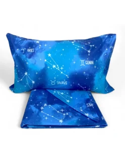 Copripiumino “Tempo di Dormire” Blu - Segni Zodiacali - Cotone 100% Made in Italy - Artigianale