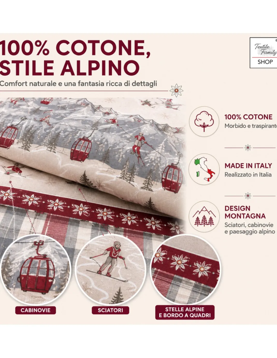 Copripiumino Tirolese Rush 100% Cotone Made in Italy con Sciatori, Cabinovie e Patella 40 cm