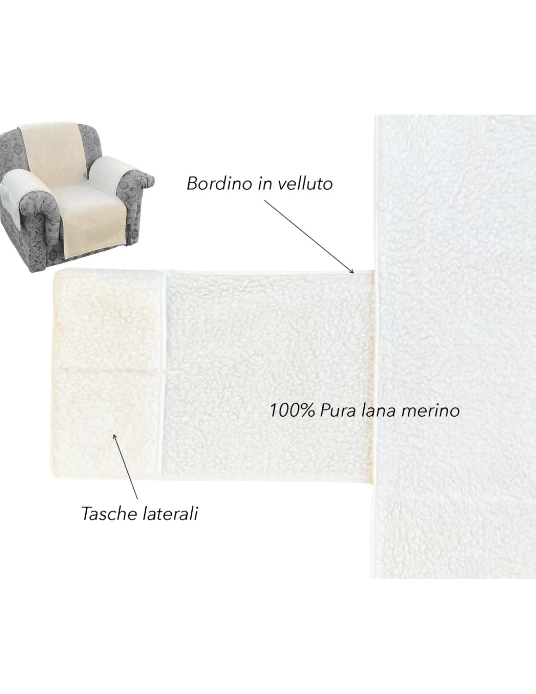 Copripoltrona in pura lana merinos artigianale Made in Italy, con tasche laterali e elastico, regalo perfetto per nonni e papà