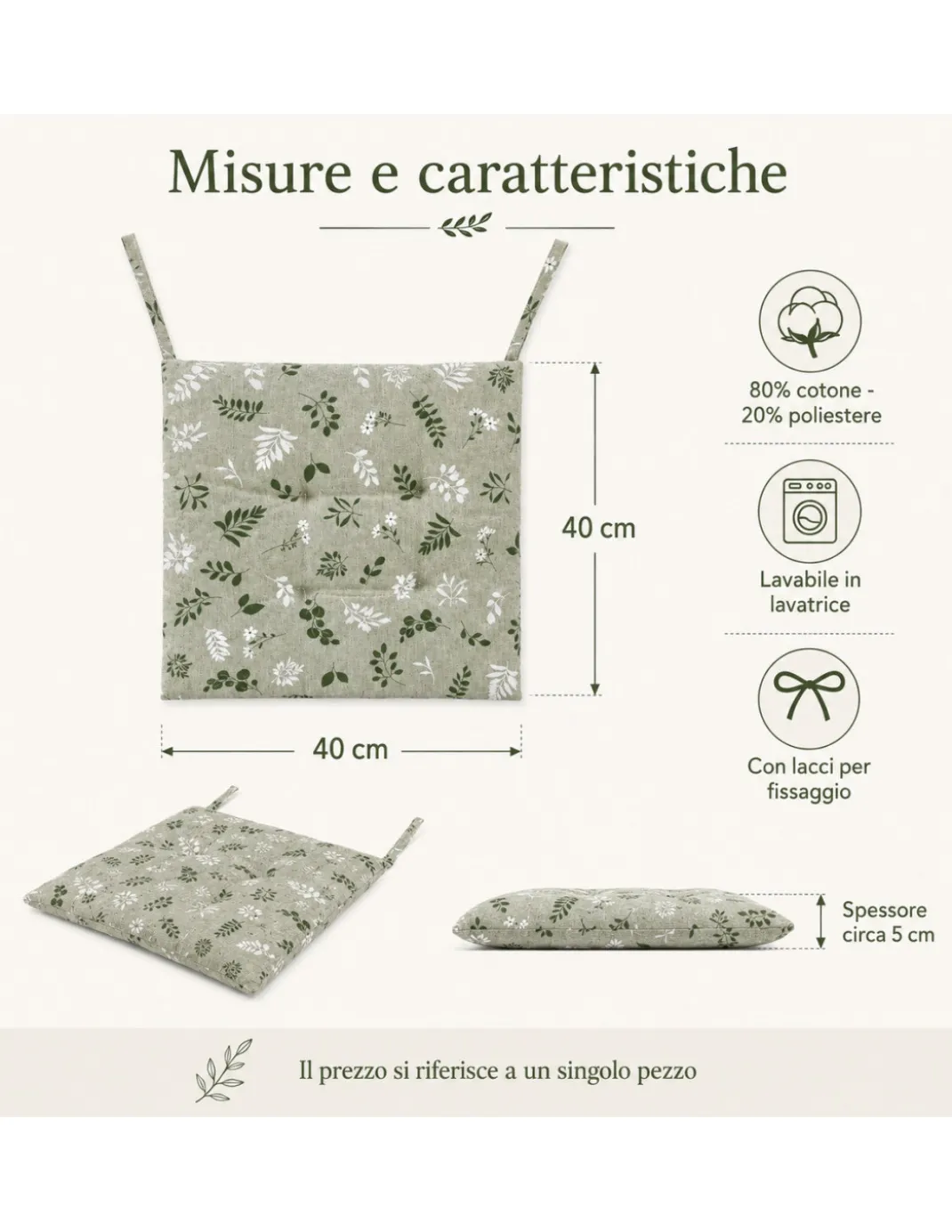 Coprisedia Herbarium Verde 40x40 Cuscino Trapuntato con Lacci in Cotone