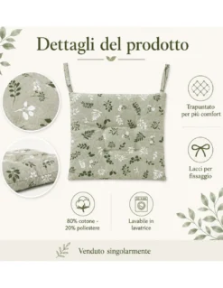 Coprisedia Herbarium Verde 40x40 Cuscino Trapuntato con Lacci in Cotone