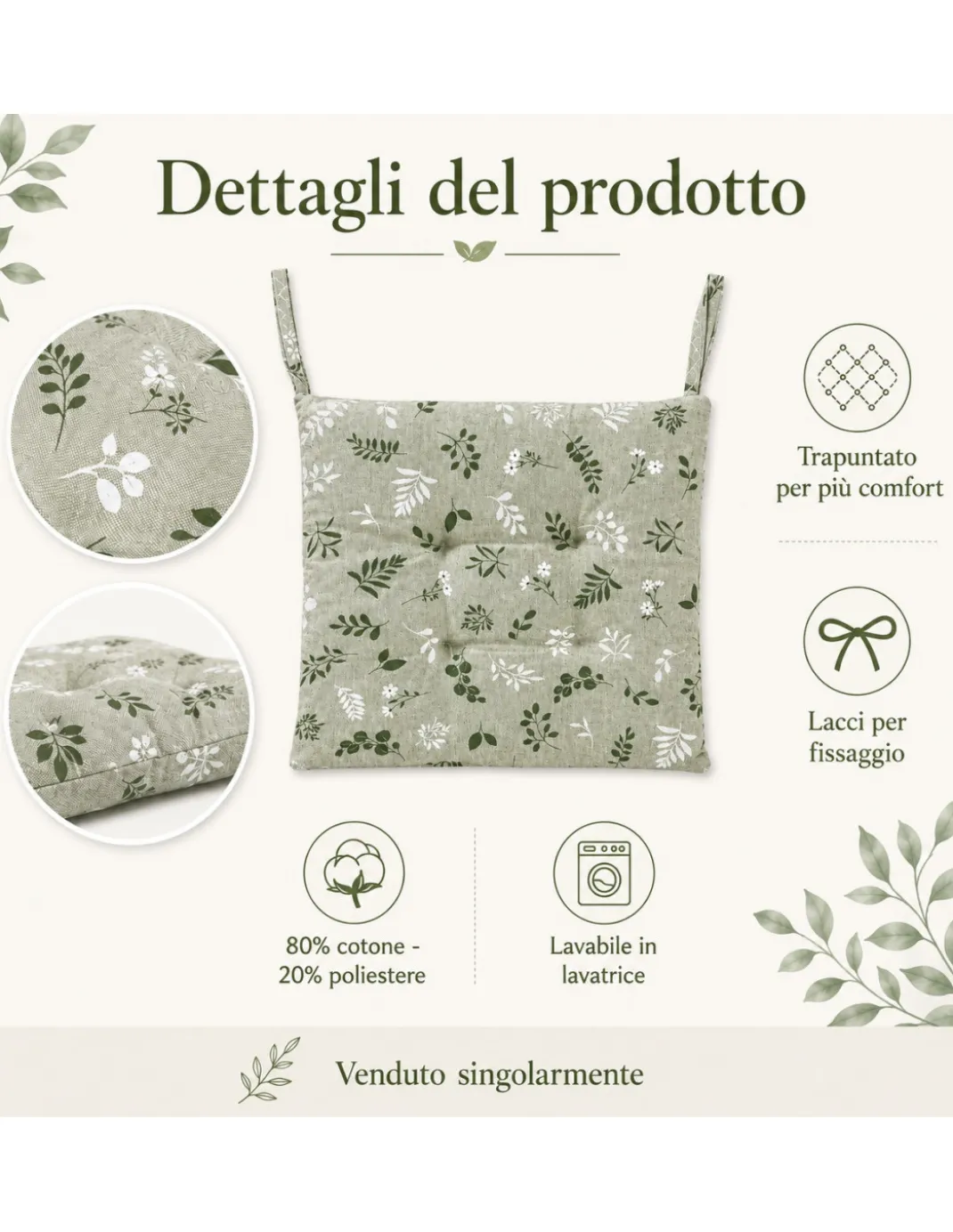 Coprisedia Herbarium Verde 40x40 Cuscino Trapuntato con Lacci in Cotone
