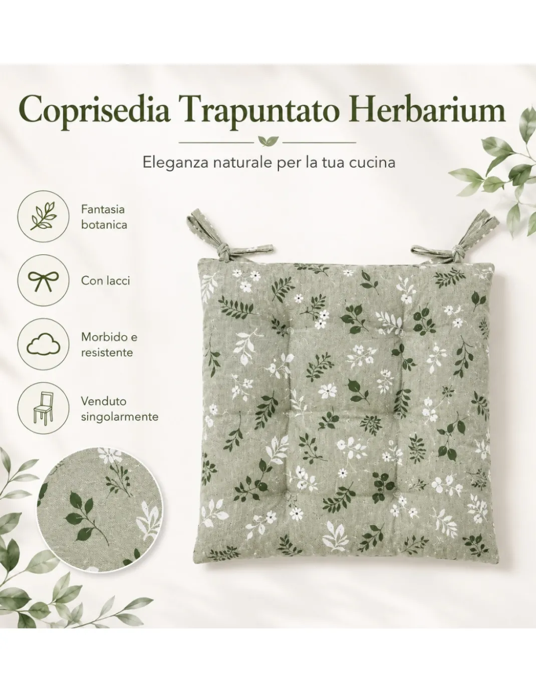 Coprisedia Herbarium Verde 40x40 Cuscino Trapuntato con Lacci in Cotone