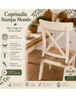 Coprisedia 40x40 Sfoderabile Stampa Mondo Marrone, Cuscino Sedia con Lacci in Loneta Made in Italy