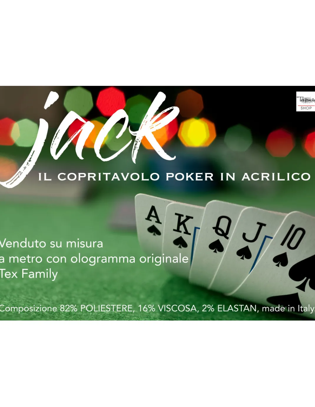 COPRITAVOLO PANNO JACK GIOCO CARTE POKER ACRILICO VERDE A METRO SU MISURA H.cm. 150 CON OLOGRAMMA